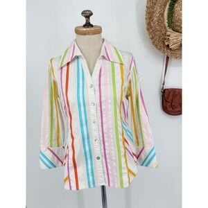 Vintage 80s Rainbow Stripe Collared Shirt Cotton‎ Stretch Rare White Multi M